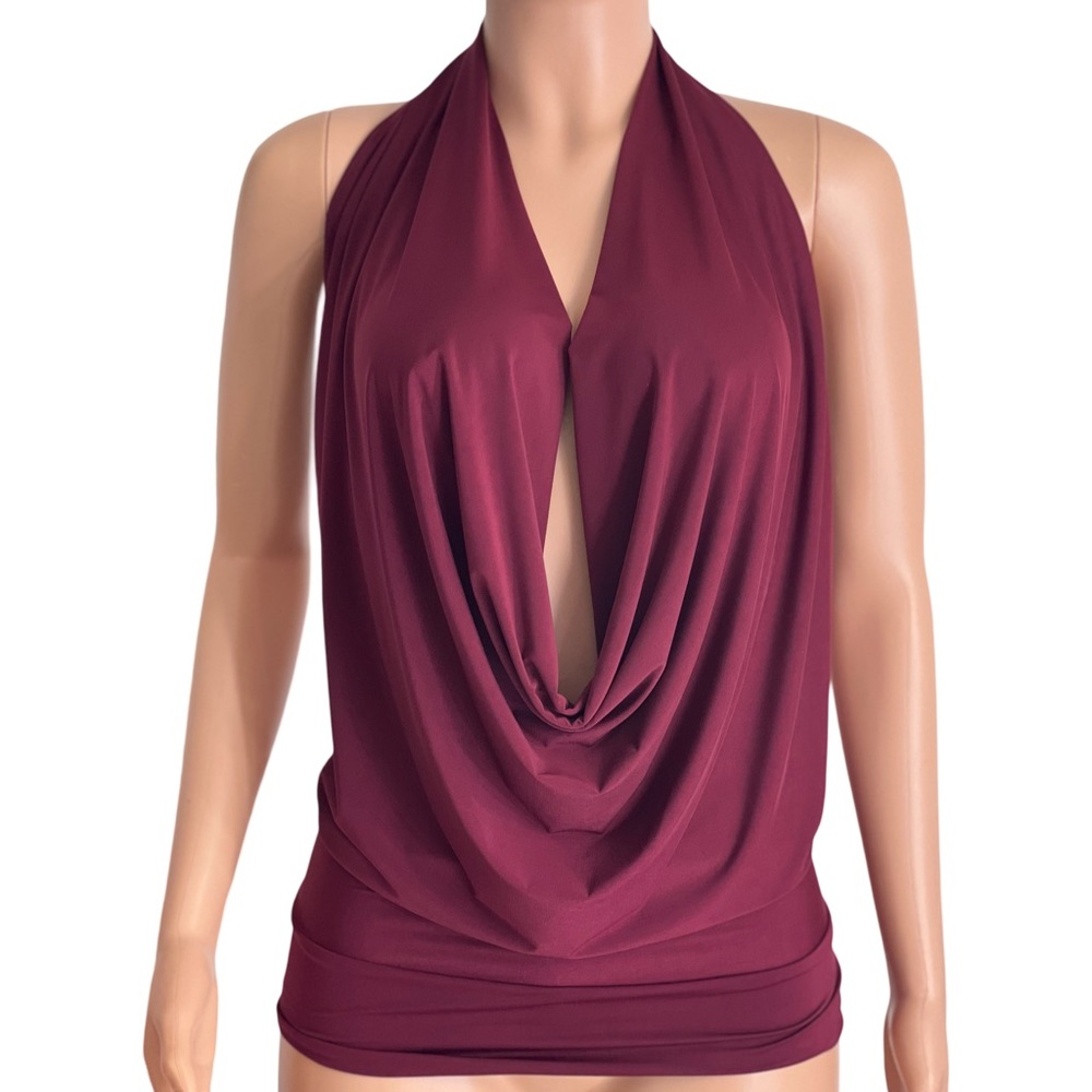 Burgundy Wine Lycra Backless Drape Halter Top Plunging Cowl Low Cut -Made In USA